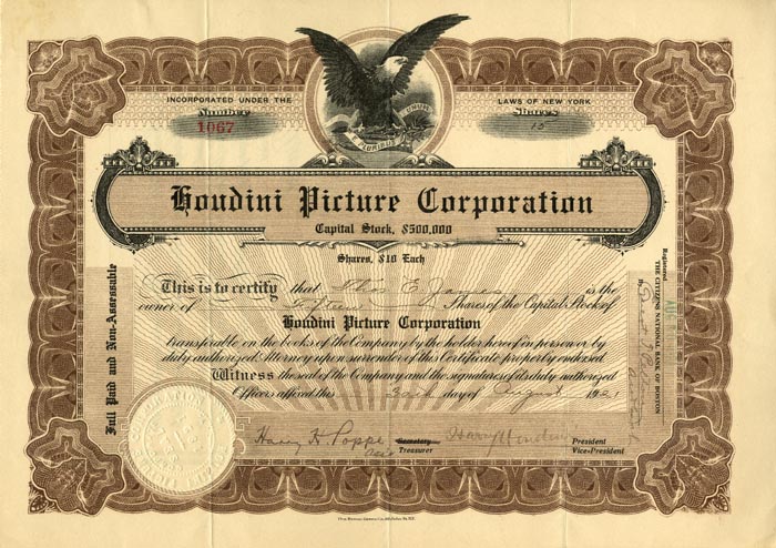 Houdini Picture Corporation with Houdini Signature - Stock Certificate